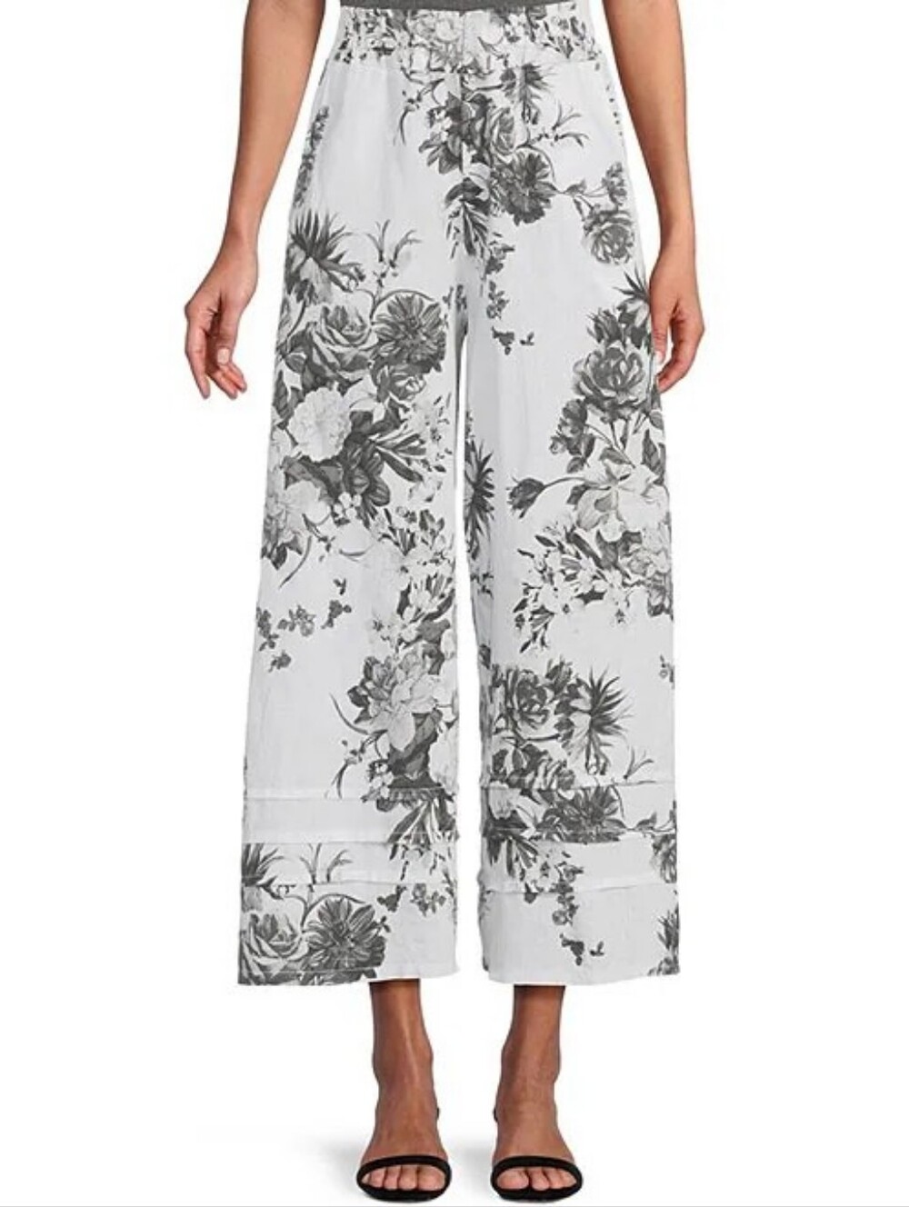 Floral Wide-Leg Palazzo Pants in White and Gray